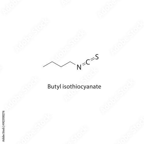 Butyl isothiocyanate skeletal structure. Isothiocyanate compound schematic illustration. Simple diagram, chemical formula.