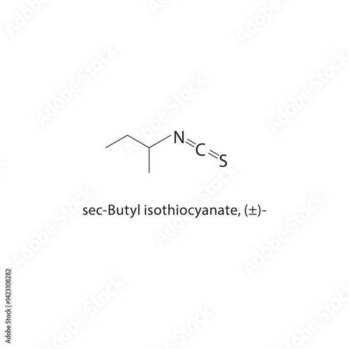 sec-Butyl isothiocyanate (±) skeletal structure. Isothiocyanate compound schematic illustration. Simple diagram, chemical formula.