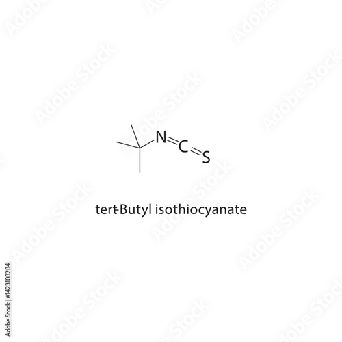 tert-Butyl isothiocyanate skeletal structure. Isothiocyanate compound schematic illustration. Simple diagram, chemical formula.