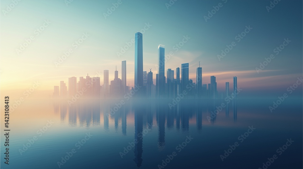 Fototapeta premium Metropolitan Horizon's Dreamscape: A breathtaking, surreal cityscape silhouette, its high-rise structures mirrored in the serene water below, bathed in a soft, ethereal glow of the dawn.