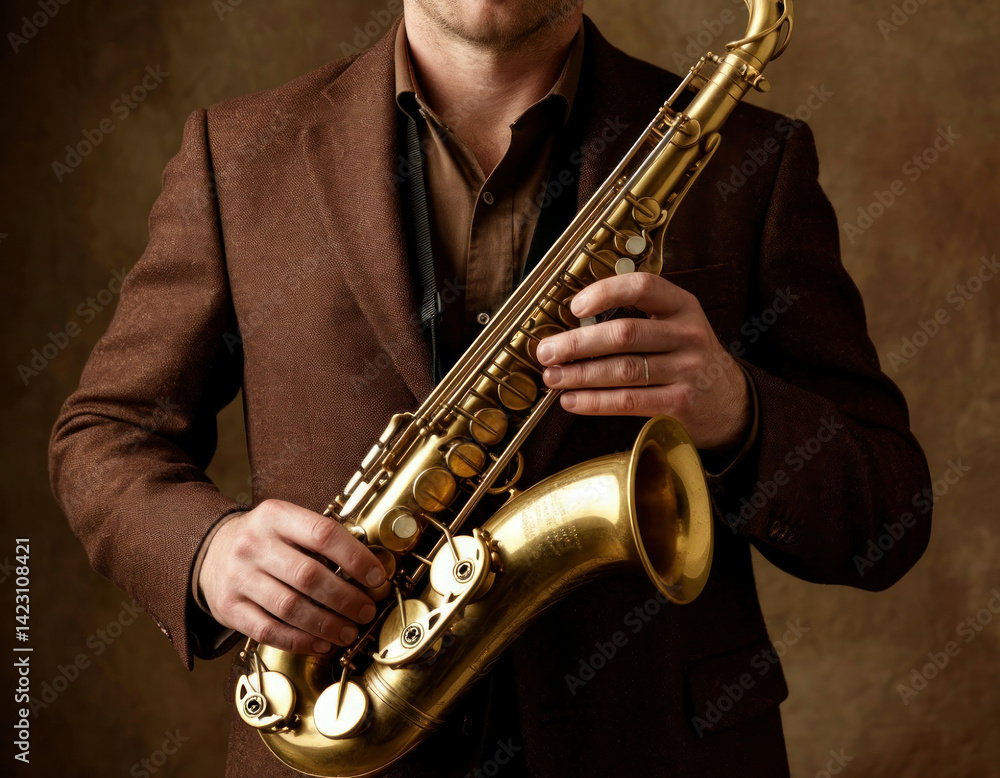 Fototapeta premium Jazz Musician Holding Saxophone – Studio Portrait in Warm Lighting