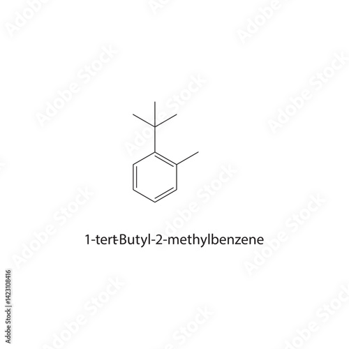 1-tert-Butyl-2-methylbenzene skeletal structure. Alkylbenzene compound schematic illustration. Simple diagram, chemical formula.