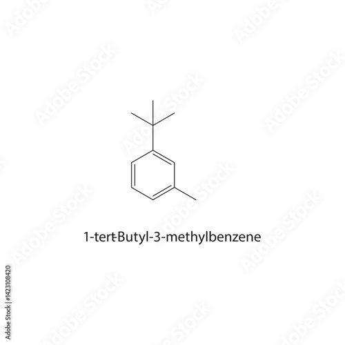 1-tert-Butyl-3-methylbenzene skeletal structure. Alkylbenzene compound schematic illustration. Simple diagram, chemical formula.