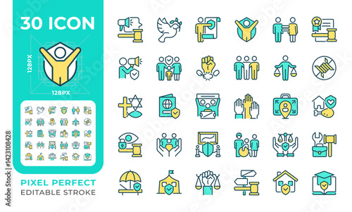 Human rights pixel perfect line color icons set. Protecting people freedoms. Law and justice for everyone safety. Vector illustrations. Simple flat colorful symbols collection. Editable stroke
