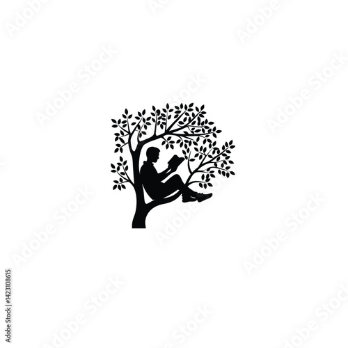 a man reading a book in the tree silhouette on white background