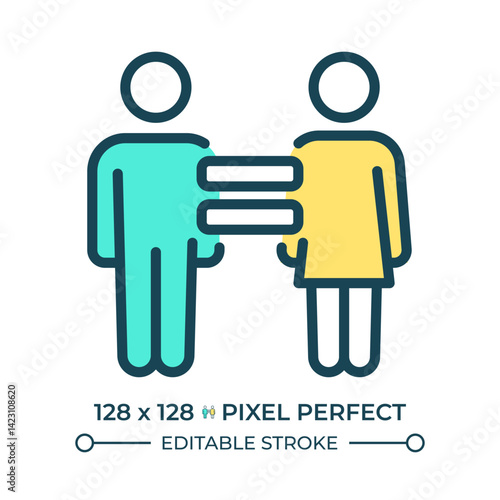 Right to equality pixel perfect line color icon. Equal opportunities and freedoms genders. Law regulation authority. Isolated vector illustration. Flat colorful symbol design. Editable stroke