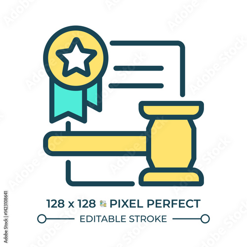 Right to remedy by competent tribunal pixel perfect line color icon. Human rights protected by law. Document with gavel. Isolated vector illustration. Flat colorful symbol design. Editable stroke