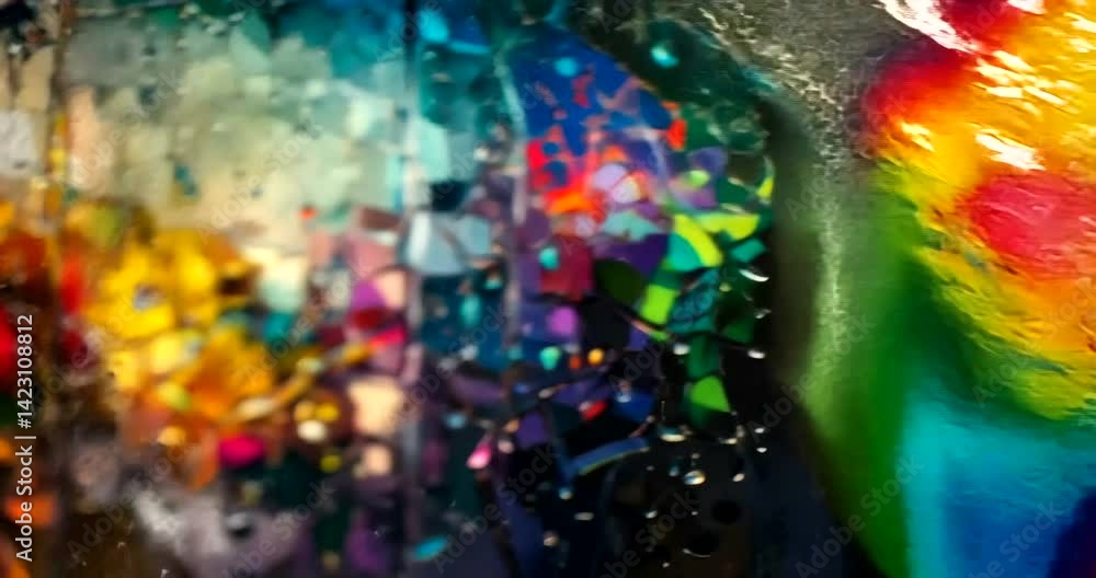 Colorful abstract art with water droplets creating a vibrant visual effect on a surface Colorful abstract art with water droplets creating a vibrant visual effect on a surface