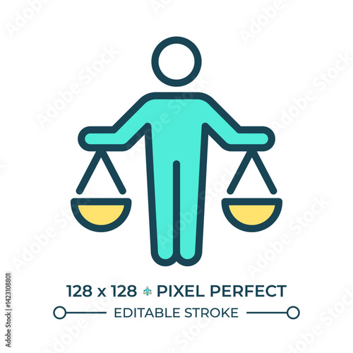 Right to equality before law pixel perfect line color icon. Justice for everyone. Person holding balance scales pans. Isolated vector illustration. Flat colorful symbol design. Editable stroke