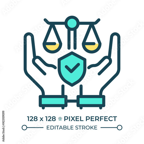 Freedom from arbitrary arrest and exile pixel perfect line color icon. No unfair detainment. Human rights protection. Isolated vector illustration. Flat colorful symbol design. Editable stroke