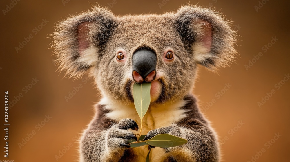 A koala with a leaf mustache strikes a funny pose