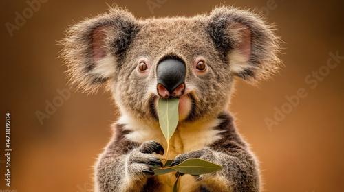 Obraz na płótnie A koala with a leaf mustache strikes a funny pose w salonie