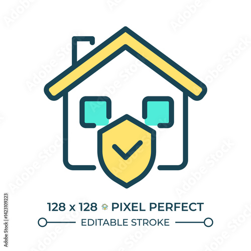 Right to own property pixel perfect line color icon. Laws protecting ownership. Legal buying and selling real estate. Isolated vector illustration. Flat colorful symbol design. Editable stroke