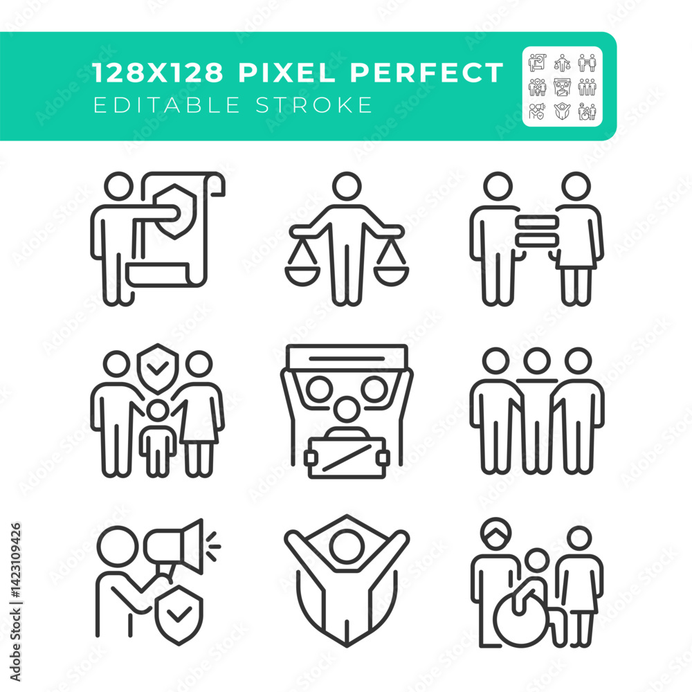 Equal human rights pixel perfect line icons set. Protecting people in various life situations. Law and justice. Isolated vector outline illustrations. Thin lineart iconset symbols. Editable stroke Equal human rights pixel perfect line icons set. Protecting people in various life situations. Law and justice. Isolated vector outline illustrations. Thin lineart iconset symbols. Editable stroke