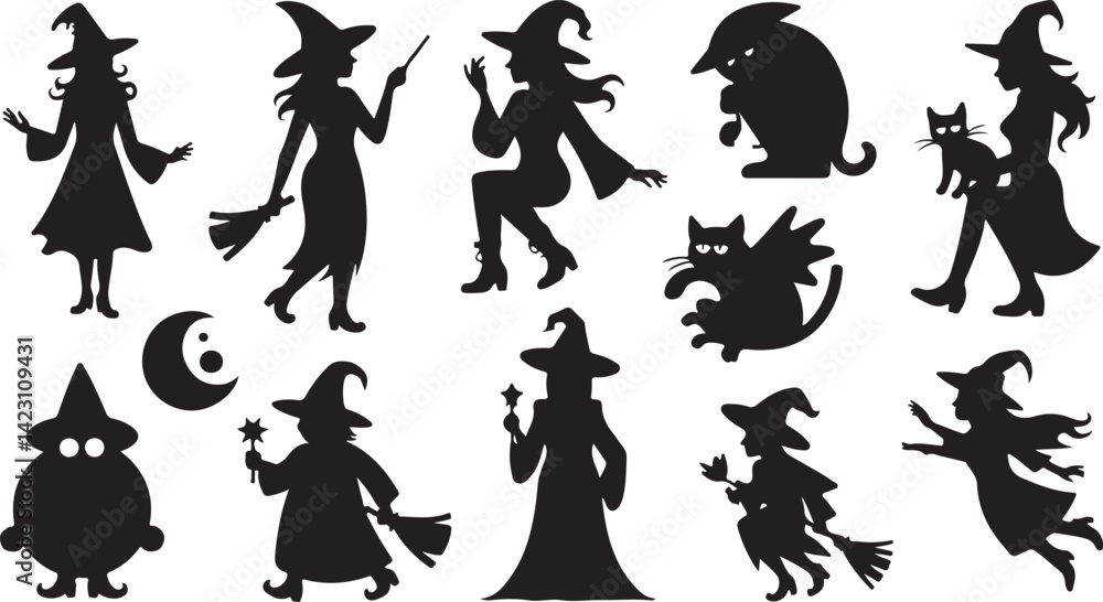 Witch Silhouette Vector Set with Cats Brooms Magic Spells Halloween Icons in Black Minimal Spooky Style Witch Silhouette Vector Set with Cats Brooms Magic Spells Halloween Icons in Black Minimal Spooky Style
