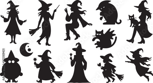 Witch Silhouette Vector Set with Cats Brooms Magic Spells Halloween Icons in Black Minimal Spooky Style