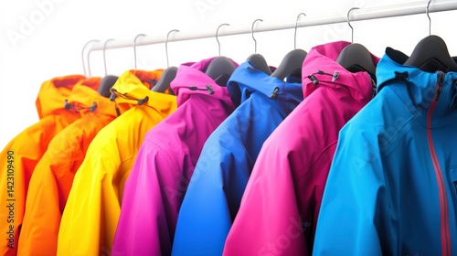 Colorful Ski Jackets on Hanger Against White Background