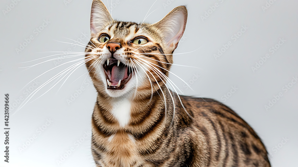 Fototapeta premium A cat with its mouth open and teeth bared, looking at the camera