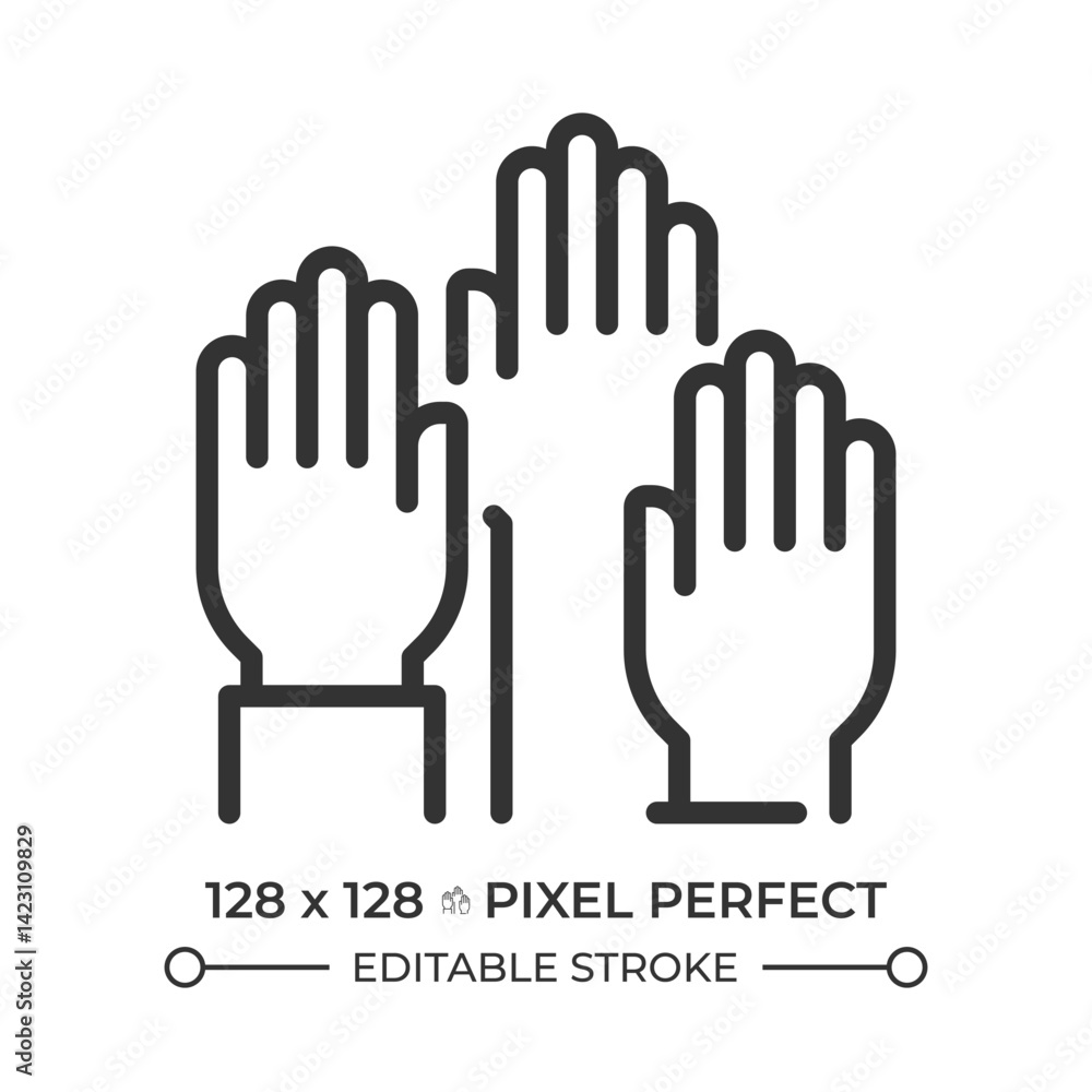 Obraz premium Right to participate in government and in free elections pixel perfect line icon. Voters raised hands group. Isolated vector illustration. Outline symbol. Simple linear drawing. Editable stroke