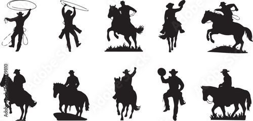 Cowboy Silhouette Vector Set with Horse Lasso Western Rodeo Icons in Black Minimal Wild West Style