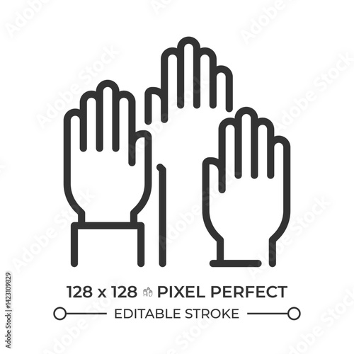 Right to participate in government and in free elections pixel perfect line icon. Voters raised hands group. Isolated vector illustration. Outline symbol. Simple linear drawing. Editable stroke