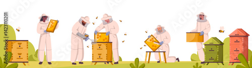 Beekeepers at apiary, work with hives and honey bees. People in beekeepers suit gather honey at apiculture farm. Men and women hold beehive frames on apiary and honeycomb. Flat vector illustration.