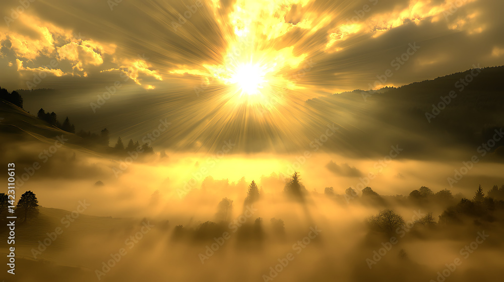 Fototapeta premium A sun is shining through the fog on a mountain