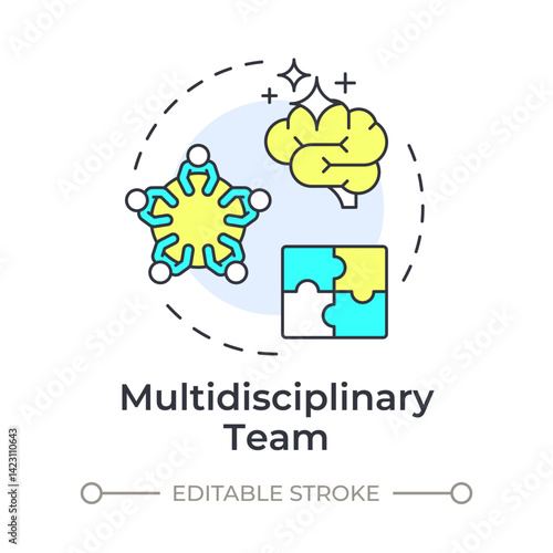 Multidisciplinary team multi color concept icon. Brainstorm, teamwork. Creative thinking. Round shape line illustration. Abstract idea. Graphic design. Easy to use in infographic, presentation