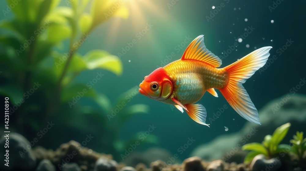 A vibrant goldfish gracefully swims through an aquatic landscape, sunlight illuminating its scales and the lush green plants A vibrant goldfish gracefully swims through an aquatic landscape, sunlight illuminating its scales and the lush green plants