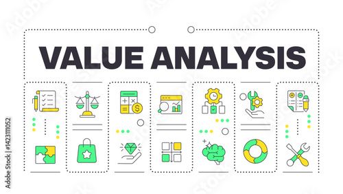 Value analysis word concept isolated on white. Problem solving, workflow. Process management. Creative illustration banner surrounded by editable line colorful icons. Hubot Sans font used