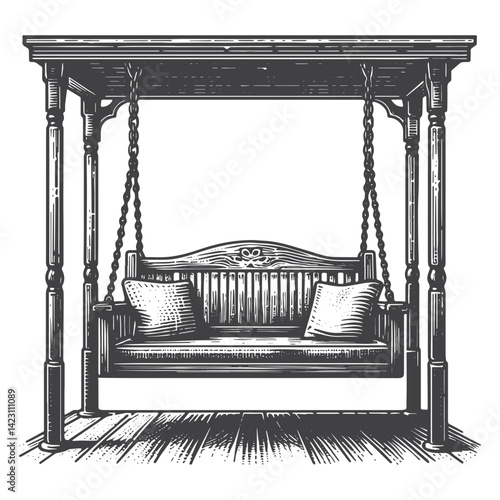 Vintage Hand-Drawn Porch Swing Front View Illustration – Outdoor Furniture Engraved Style Vector for T-Shirts, Posters, Stickers, and Rustic Home Apparel