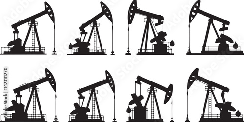 Oil Pump Silhouette Vector Set for Energy Industry Drilling Rig Icons in Black Minimal Industrial Style
