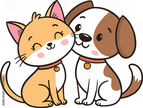 Cute valentine's day animal couple. Cat and dog friends cartoon, vector icon illustration. Animal icon concept isolated