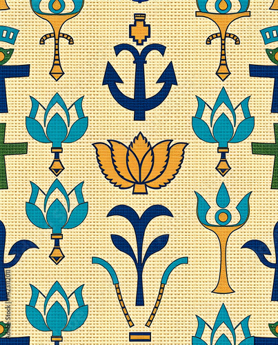 Egyptian weaving design with lotus, papyrus, and ankhs, seamless pattern.