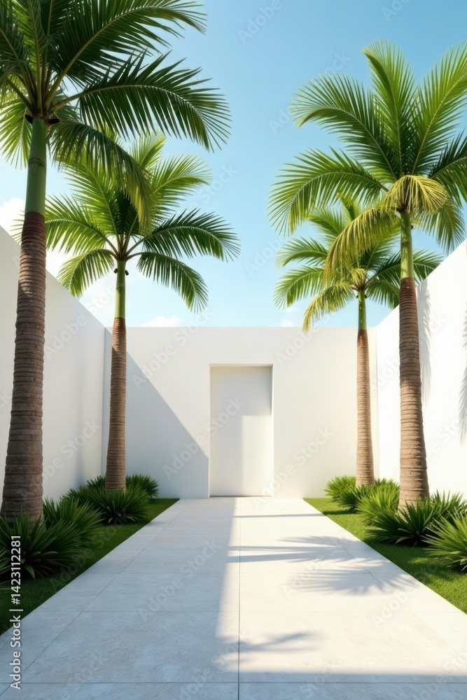 Fototapeta premium Serene Courtyard Pathway with Lush Palm Trees and a Minimalist White Wall