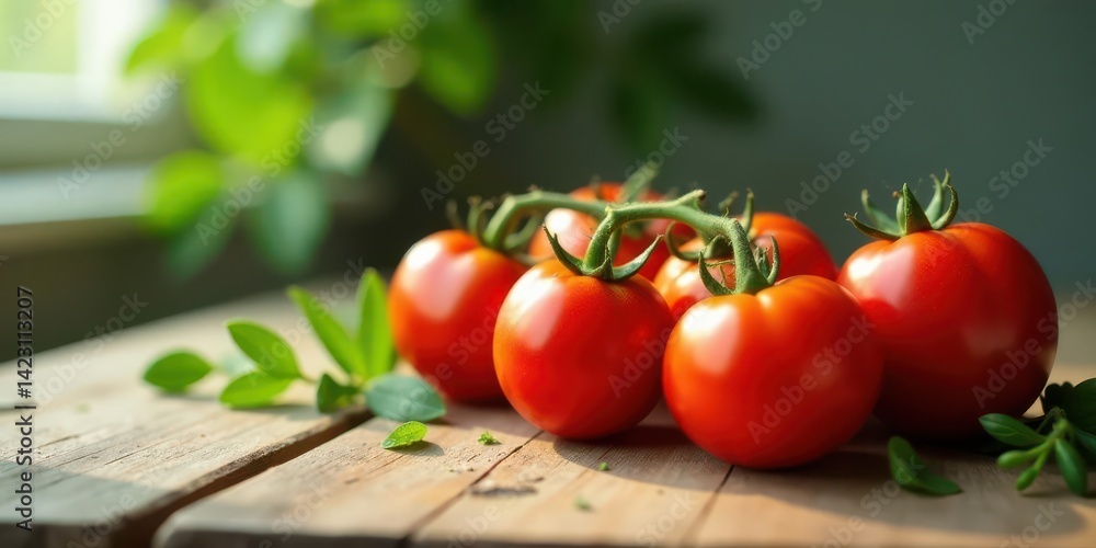A cluster of ripe red tomatoes on the vine, resting on a rustic wooden surface, bathed in warm sunlight, with vibrant green foliage adding a touch of freshness. A cluster of ripe red tomatoes on the vine, resting on a rustic wooden surface, bathed in warm sunlight, with vibrant green foliage adding a touch of freshness.