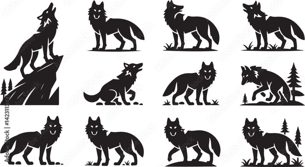 Fototapeta premium Wolf Silhouette Vector Collection with Howling Pack Forest Wildlife Nature Icons in Minimal Black Style