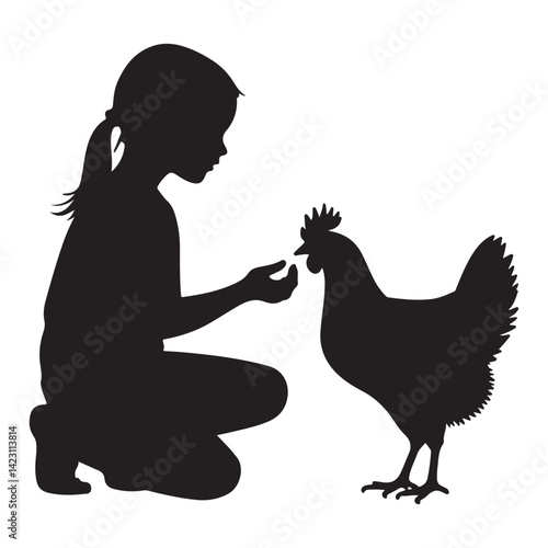 Child and Chicken Vector Silhouette - Rural Farm Life Illustration