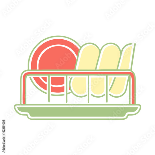 Dish rack with plates and utensils in a minimalist style  