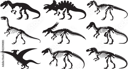 Dinosaur Silhouette Collection with T-Rex Triceratops Skeletons Fossils Jurassic Vector Art for Prehistoric Design