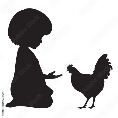 Child and Chicken Vector Silhouette - Rural Farm Life Illustration