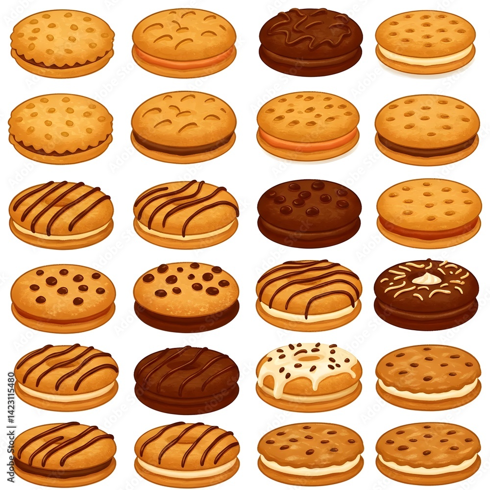 Vector Illustration of Biscuits, Cookies, and Cream-Filled Snacks Collection Vector Illustration of Biscuits, Cookies, and Cream-Filled Snacks Collection