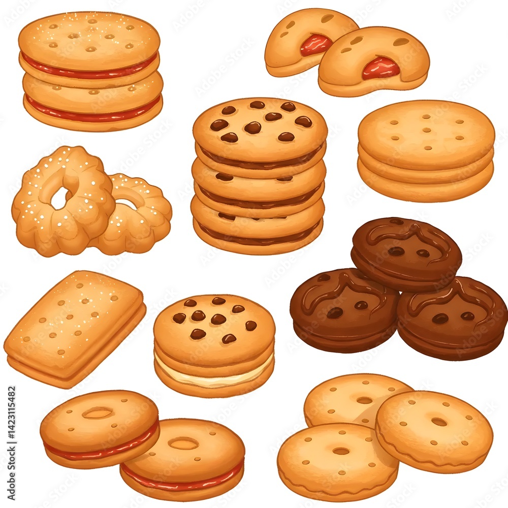 Vector Illustration of Biscuits, Cookies, and Cream-Filled Snacks Collection Vector Illustration of Biscuits, Cookies, and Cream-Filled Snacks Collection