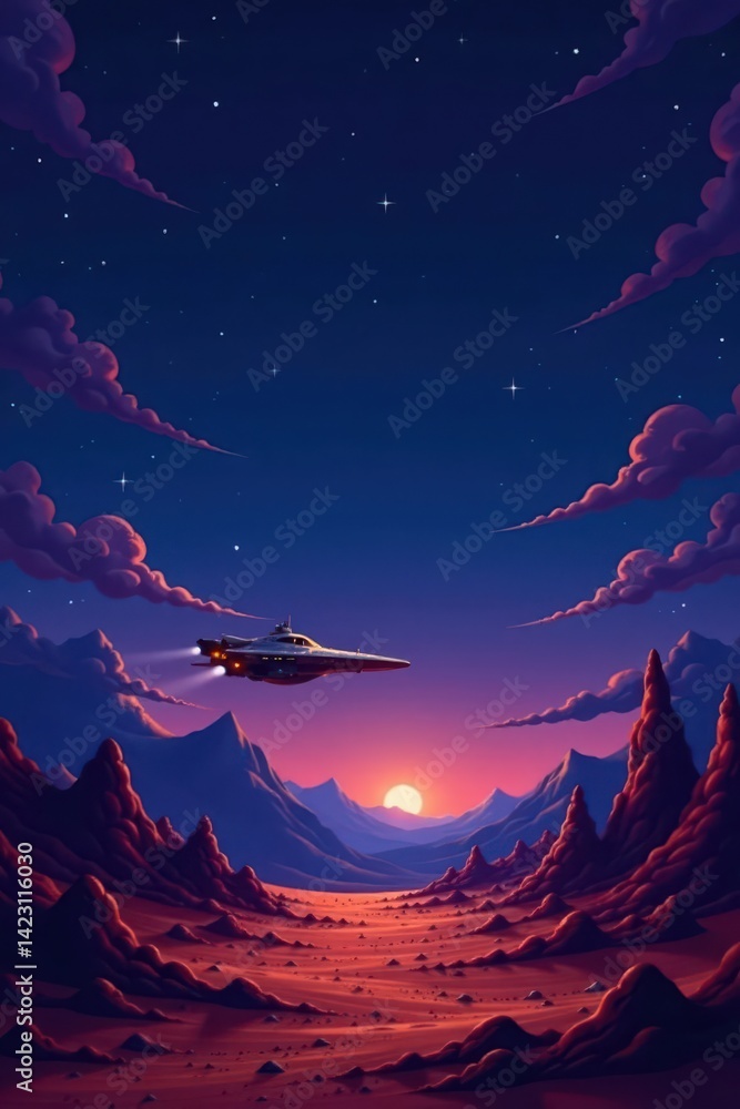 Fototapeta premium A futuristic spacecraft soars above a crimson alien landscape at sunset, casting a long shadow across the otherworldly terrain, under a deep twilight sky dotted with stars.
