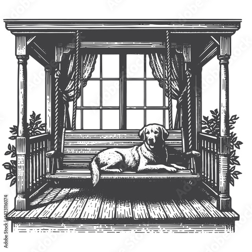 Vintage Hand-Drawn Porch Swing with Dog Resting Illustration – Outdoor Furniture Engraved Style Vector for T-Shirts, Posters, Stickers, and Rustic Home Apparel