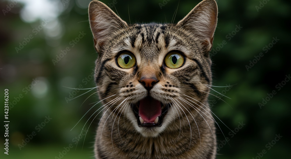 Detailed Portrait of Tabby Cat with Open Mouth Showing Pink Tongue and Luminous Yellow Eyes in a Blurred Green Garden Background Captured in Hyperrealistic Style Detailed Portrait of Tabby Cat with Open Mouth Showing Pink Tongue and Luminous Yellow Eyes in a Blurred Green Garden Background Captured in Hyperrealistic Style