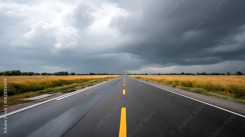 Fototapeta premium Open highway stretching into a dramatic sky with dark clouds and golden fields under a moody atmosphere