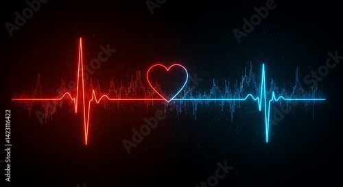 Fluorescent heartbeat rhythm with heart symbol and sound wave backdrop