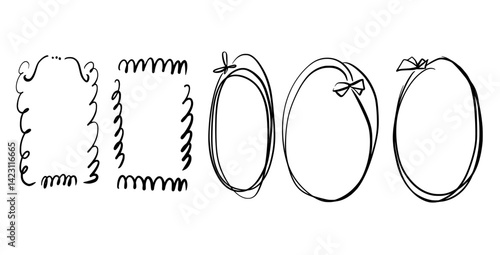 Doodle frames with bows. Vintage line wavy border with ribbons set. Vector cute scribble curly rectangle and oval template foe holiday menu. Minimalistic black cadre birthday hand drawn.