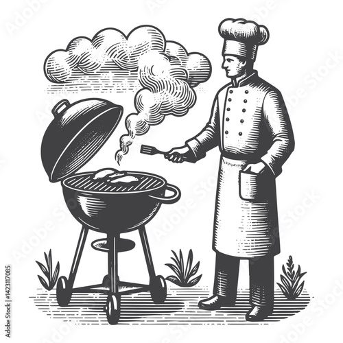 Vintage Hand-Drawn Barbecue Grill with Chef Standing Illustration – Outdoor Cooking Engraved Style Vector for T-Shirts, Posters, Stickers, and Rustic Home Apparel